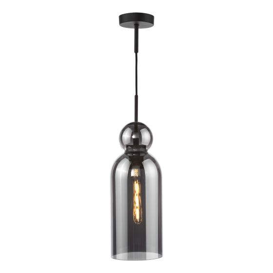 Timo 1 Light E27 Matt Black Adjustable Pendant With Smoked Glass Shade