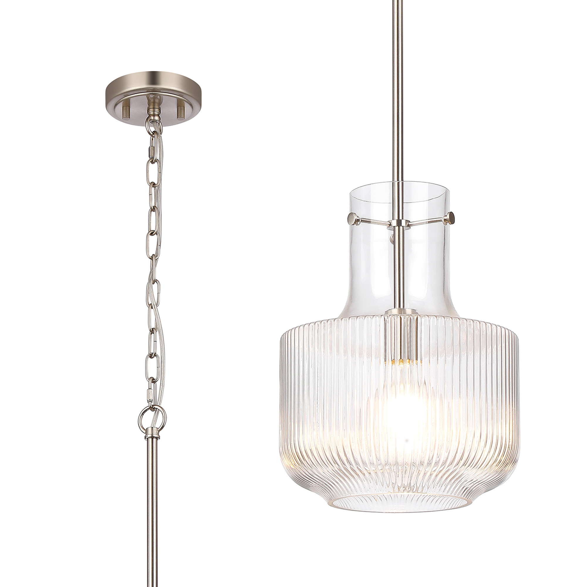 Tesoro Fluted Ribbed Glass Pendant, 1 x E27, Satin Nickel/Clear Glass