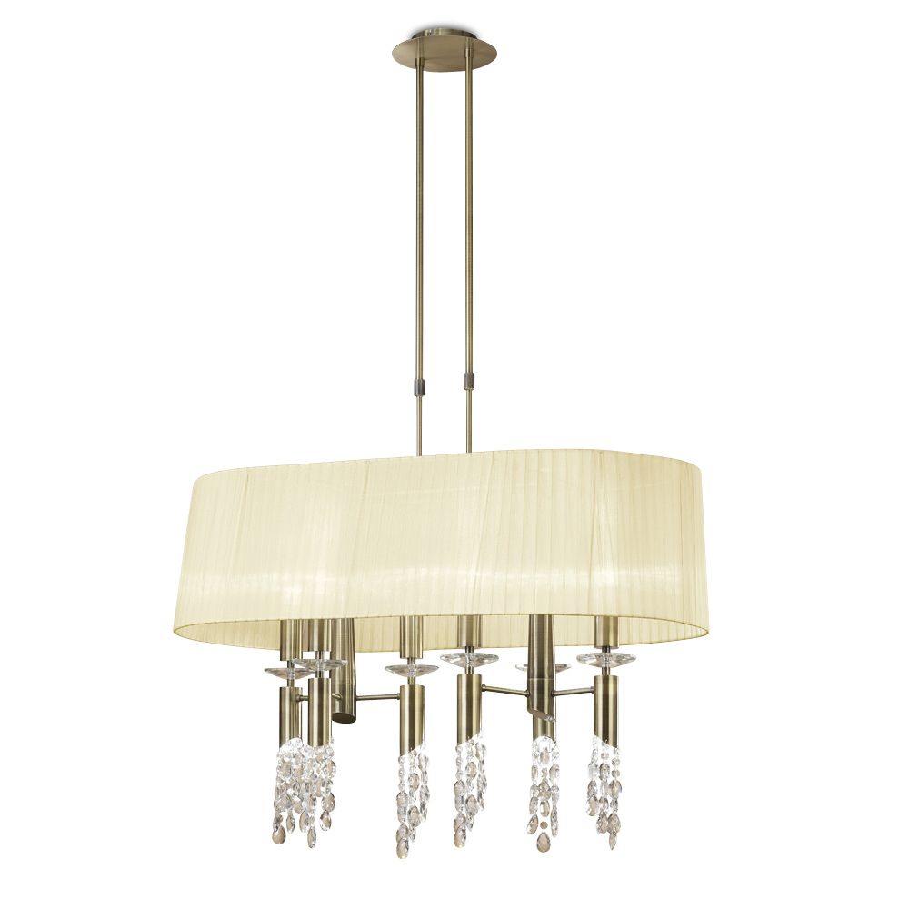 Tiffany Pendant 6+6 Light E27+G9 Oval, Antique Brass With Cream Shade & Clear Crystal