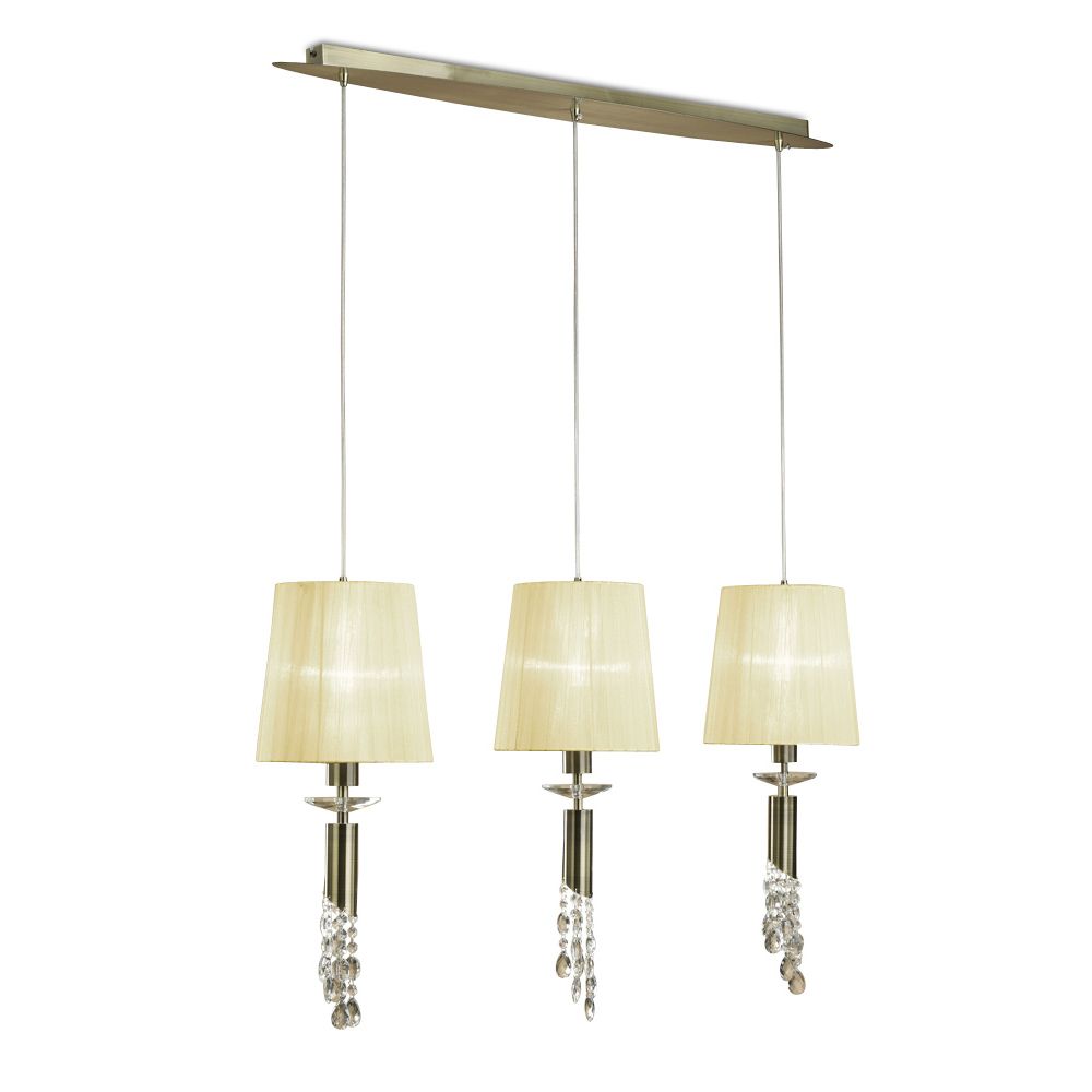 Tiffany Linear Pendant 3+3 Light E27+G9 Line, Antique Brass With Cream Shades & Clear Crystal