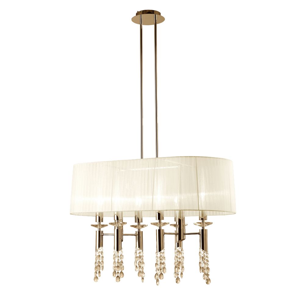 Tiffany Pendant 6+6 Light E27+G9 Oval, French Gold With White Shade & Clear Crystal