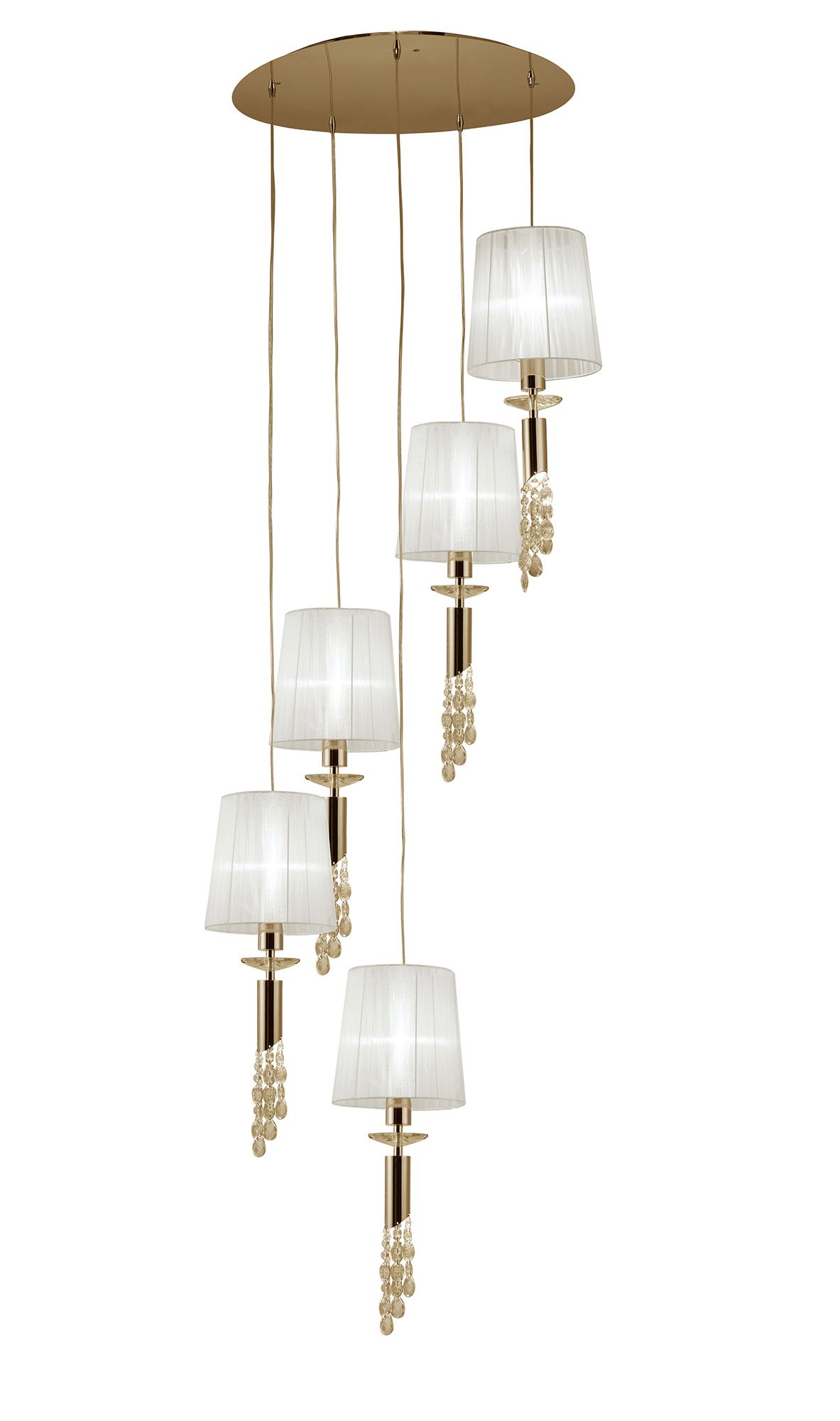 Tiffany Pendant 5+5 Light E27+G9 Spiral, French Gold With White Shades & Clear Crystal