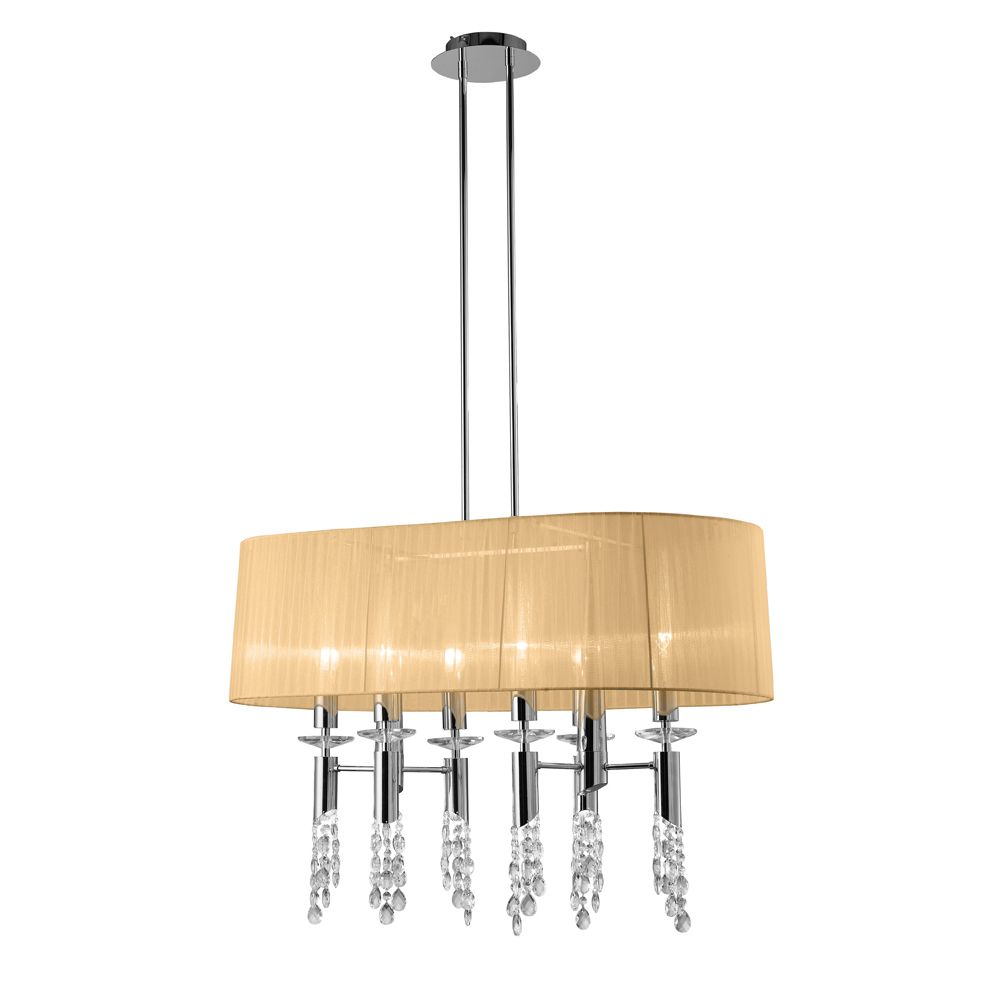 Tiffany Pendant 6+6 Light E27+G9 Oval, Polished Chrome With Soft Bronze Shade & Clear Crystal
