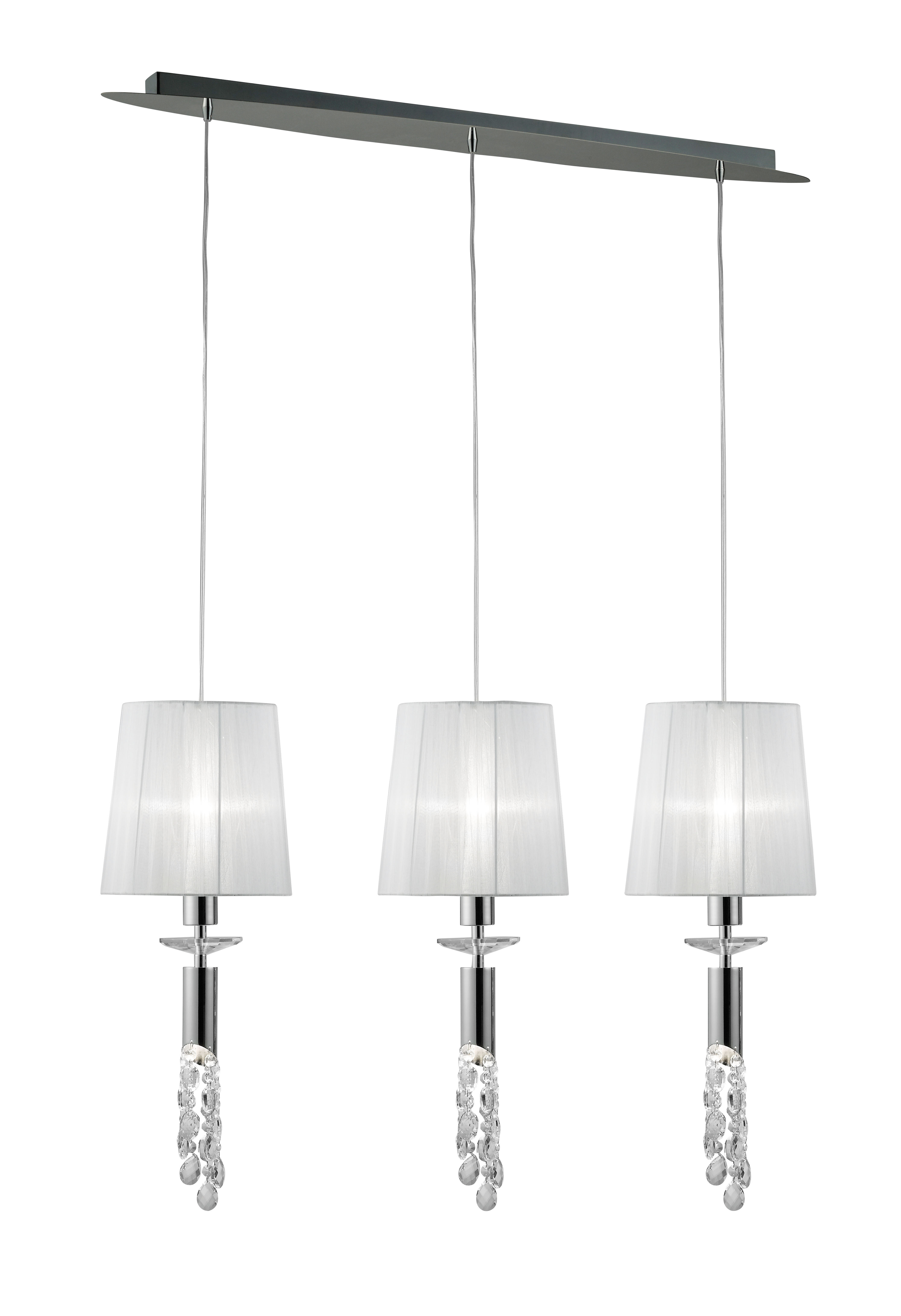 Tiffany Linear Pendant 3+3 Light E27+G9 Line, Polished Chrome With White Shades & Clear Crystal