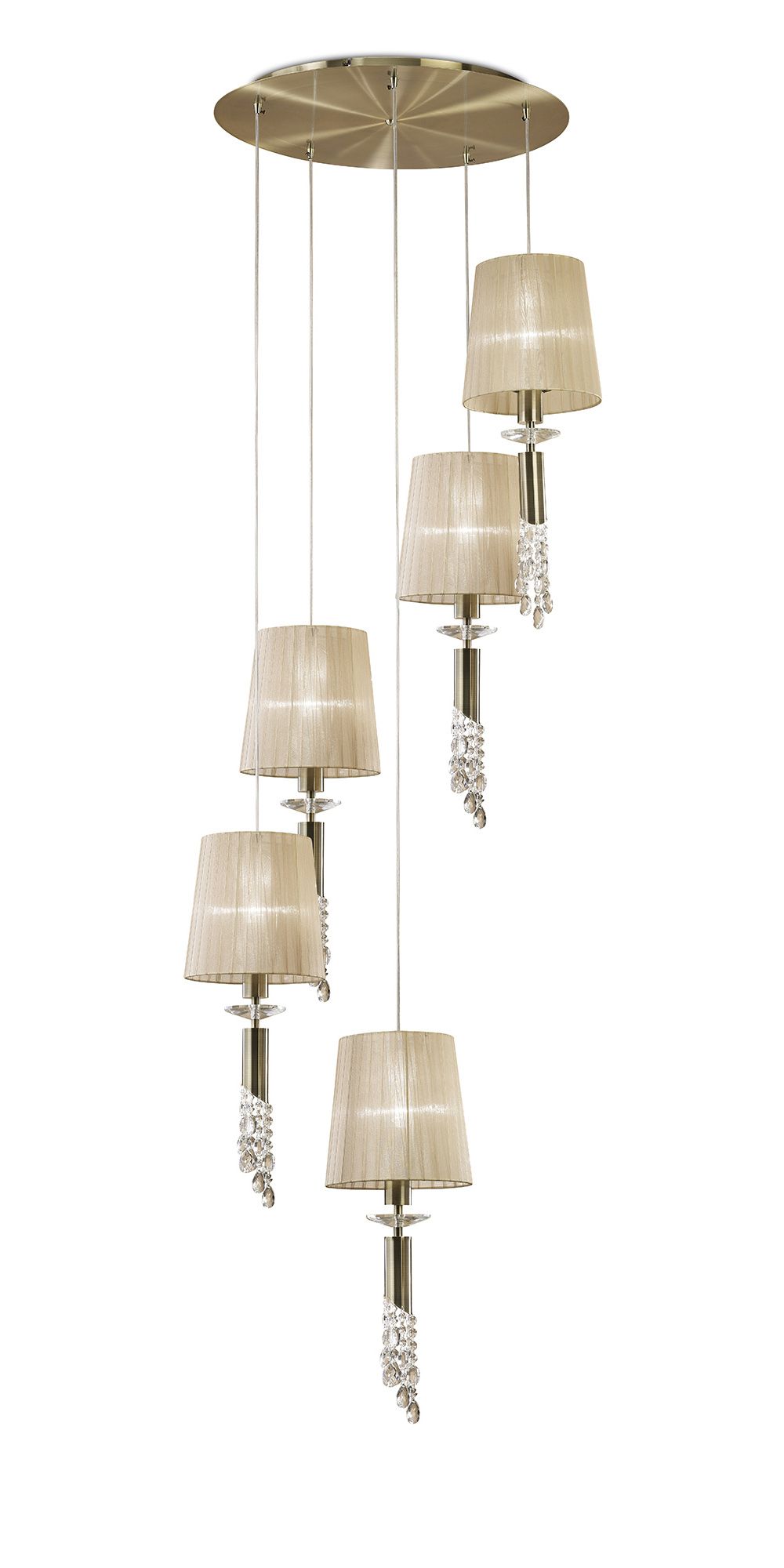 Tiffany 60cm Pendant 5+5 Light E27+G9 Spiral, Antique Brass With Soft Bronze Shades & Clear Crystal
