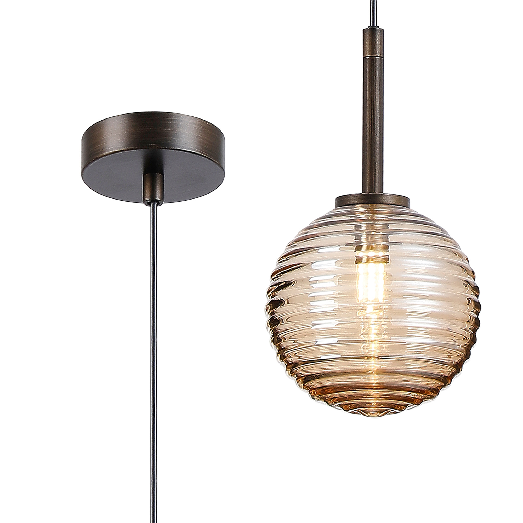Vella 12cm Adjustable Pendant, 1 Light G9, IP44, Bronze/Amber Ribbed Round Glass