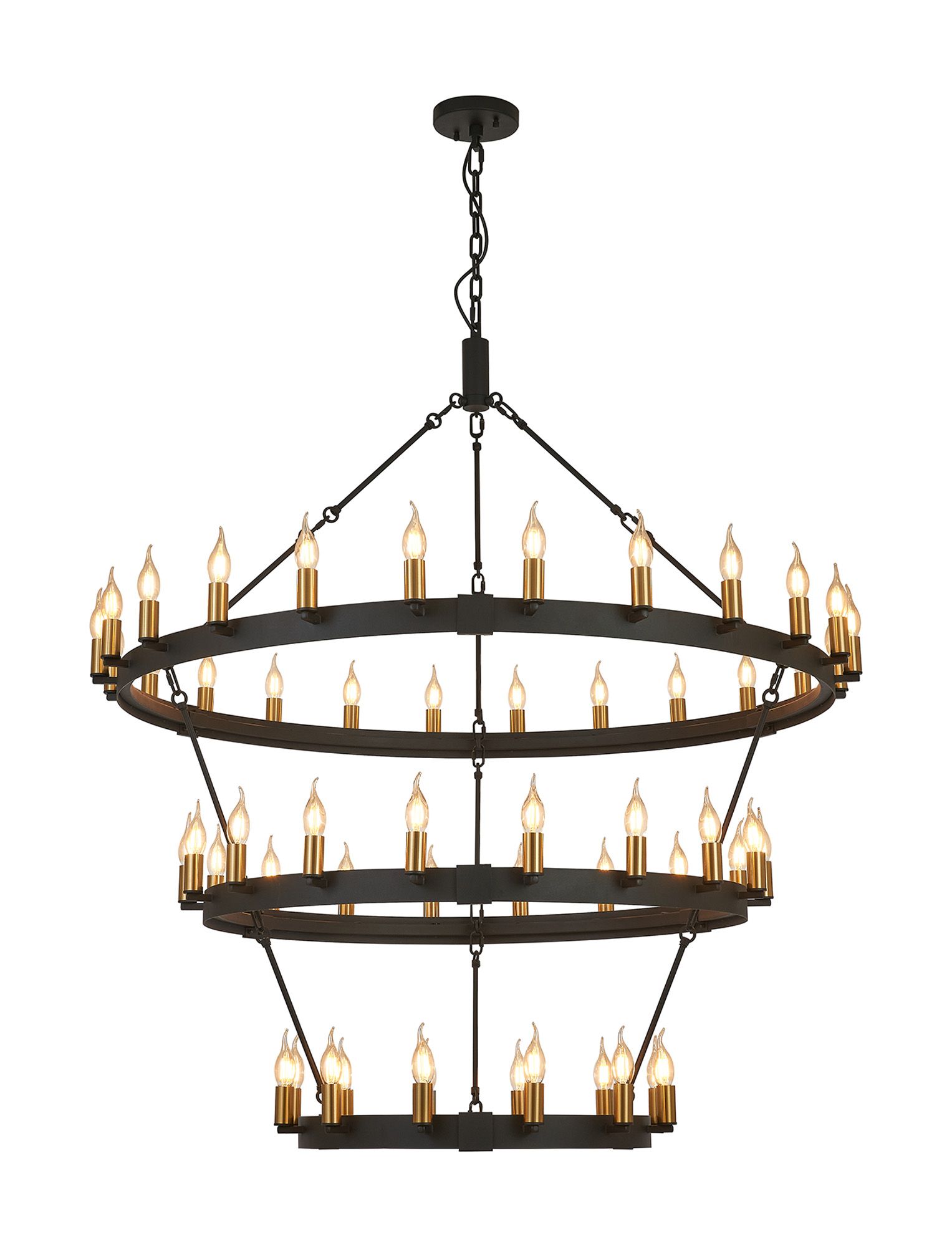 Vertex 3 Tier 1.3m+97cm+66cm Pendant, 24+18+12 Light E14, Satin Black/Brass, (ITEM REQUIRES CONSTRUCTION/CONNECTION) Item Weight: 23kg