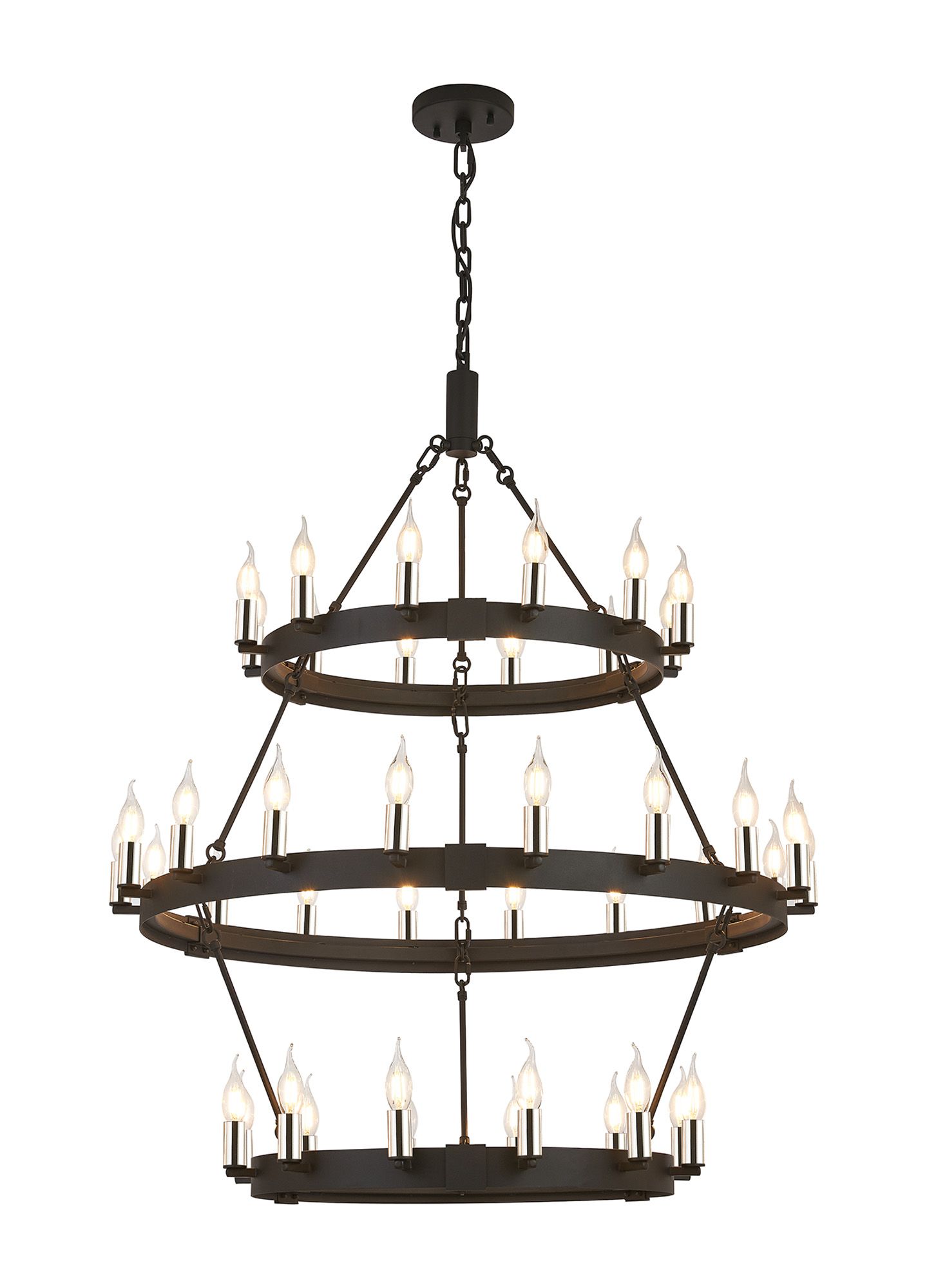 Vertex 3 Tier 66cm+97cm Pendant, 12+18+12 Light E14, Satin Black/Polished Nickel, (ITEM REQUIRES CONSTRUCTION/CONNECTION) Item Weight: 19kg