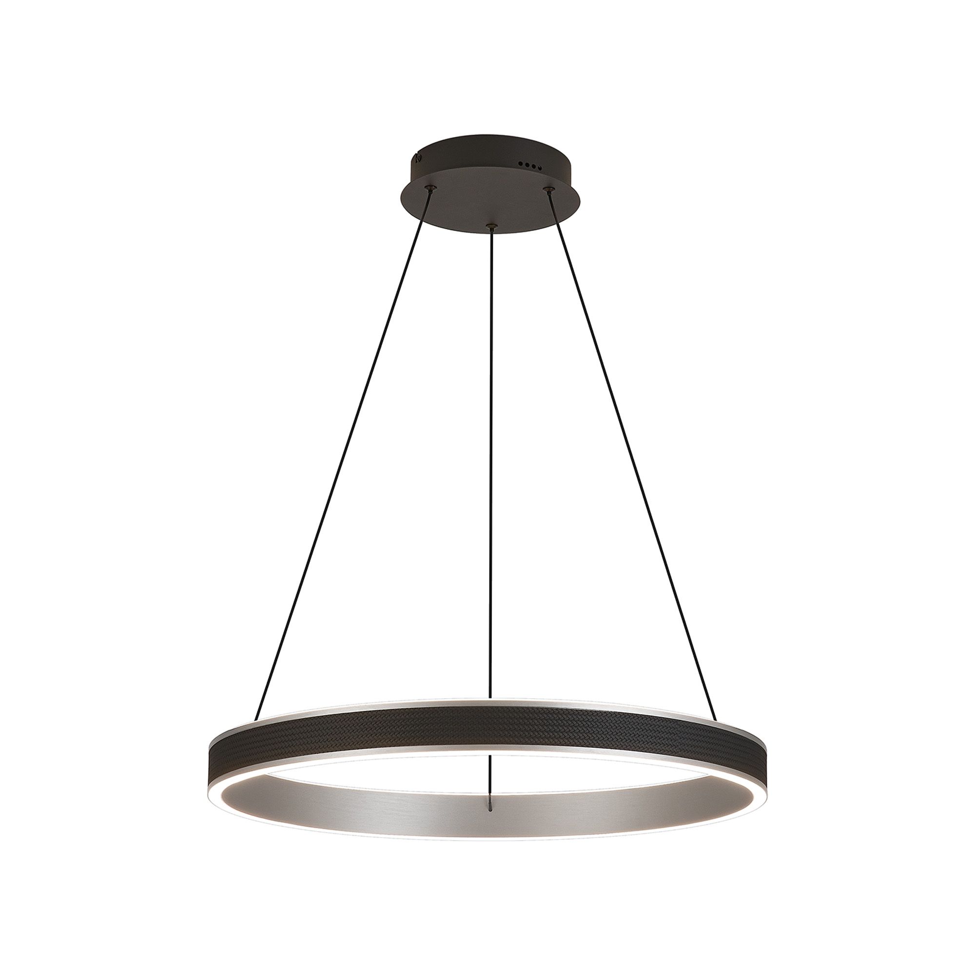 Vetro 59cm Round Pendant, 45W LED, Remote Control Tuneable White 3000-6000K, 3000lm, Black Faux Leather/Brushed Antique Silver, 3yrs Wrnty
