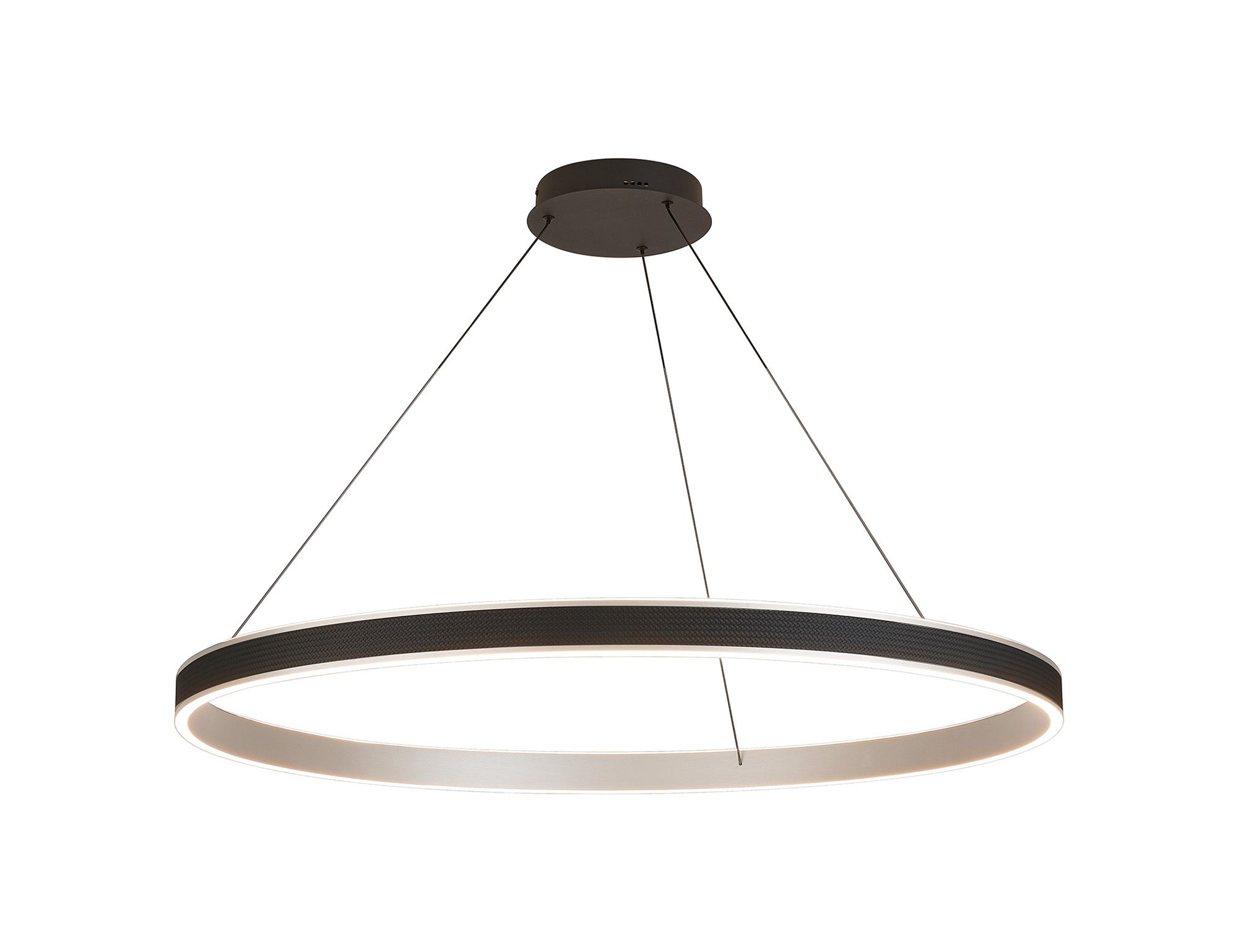 Vetro 1m Round Pendant, 90W LED, Remote Control Tuneable White 3000-6000K, 4500lm, Black Faux Leather/Brushed Antique Silver, 3yrs Wrnty