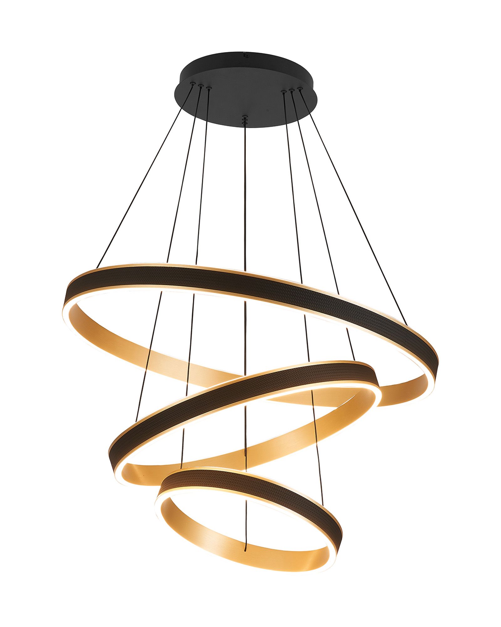 Vetro 3 Tier 80+60+40cm Round Pendant, 180W LED, R/Cntrl Tuneable White 3000-6000K, 9000lm, Black Faux Leather/Brushed Gold, 3yrs Wrnty