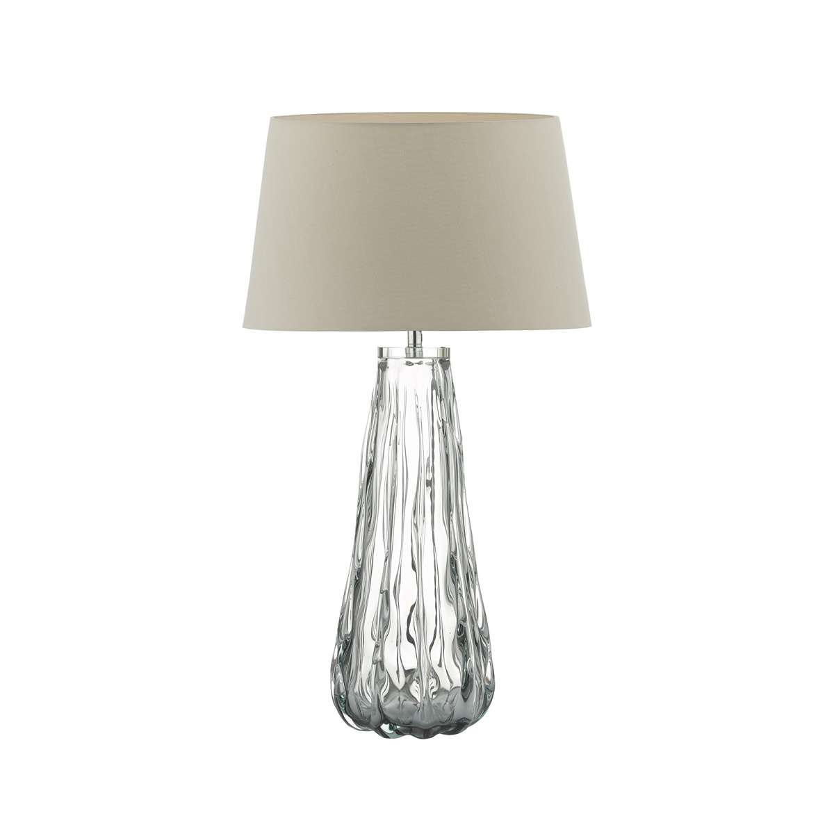 Granadilla 1 Light E27 Smoked Glass Table Lamp With Inline Dwitch C/W Fuego Taupe Faux Silk Tapered 35cm Armario Shade