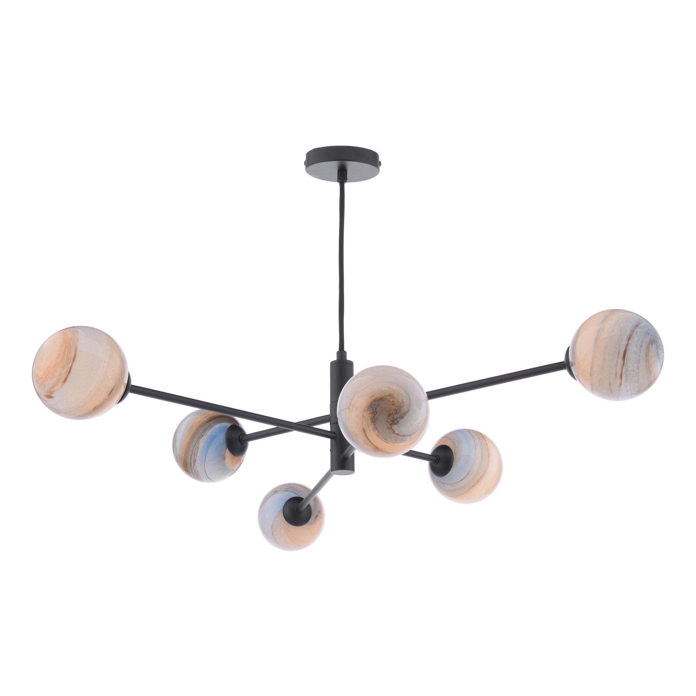Caqui 6 Light G9 Matt Black Adjustable Pendant Ceiling C/W Large Planet Style Glass Shade