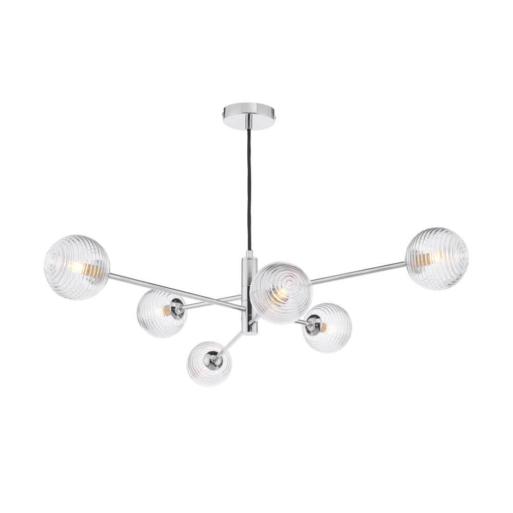 Caqui 6 Light G9 Polished Chrome Adjustable Pendant Ceiling C/W Clear Ribbed Glass Shades