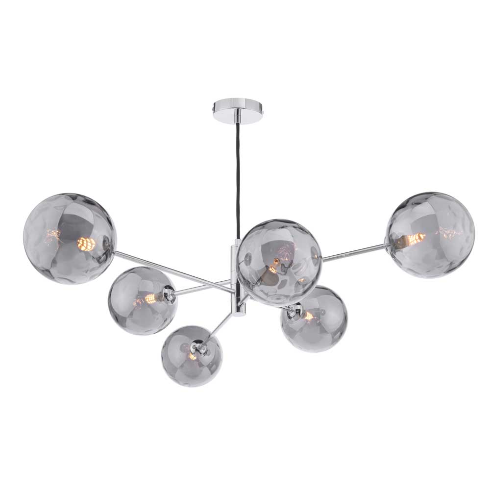 Caqui 6 Light G9 Polished Chrome Adjustable Pendant Ceiling C/W Smoked Dimpled Glass Shades