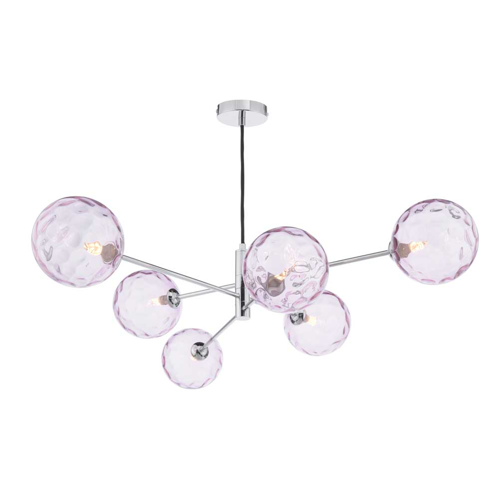 Caqui 6 Light G9 Polished Chrome Adjustable Pendant Ceiling C/W Pink Dimpled Glass Shades