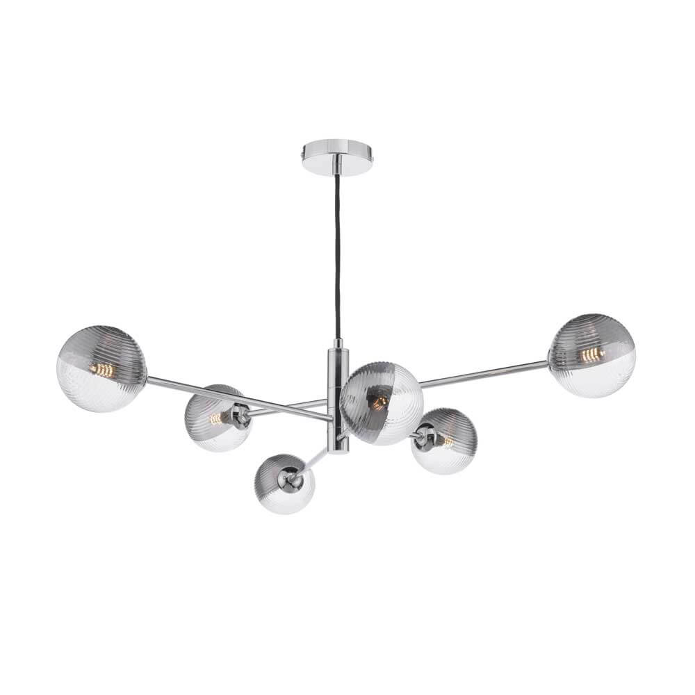 Caqui 6 Light G9 Polished Chrome Adjustable Pendant Ceiling C/W 10cm Smoked & Clear Ribbed Glass Shades