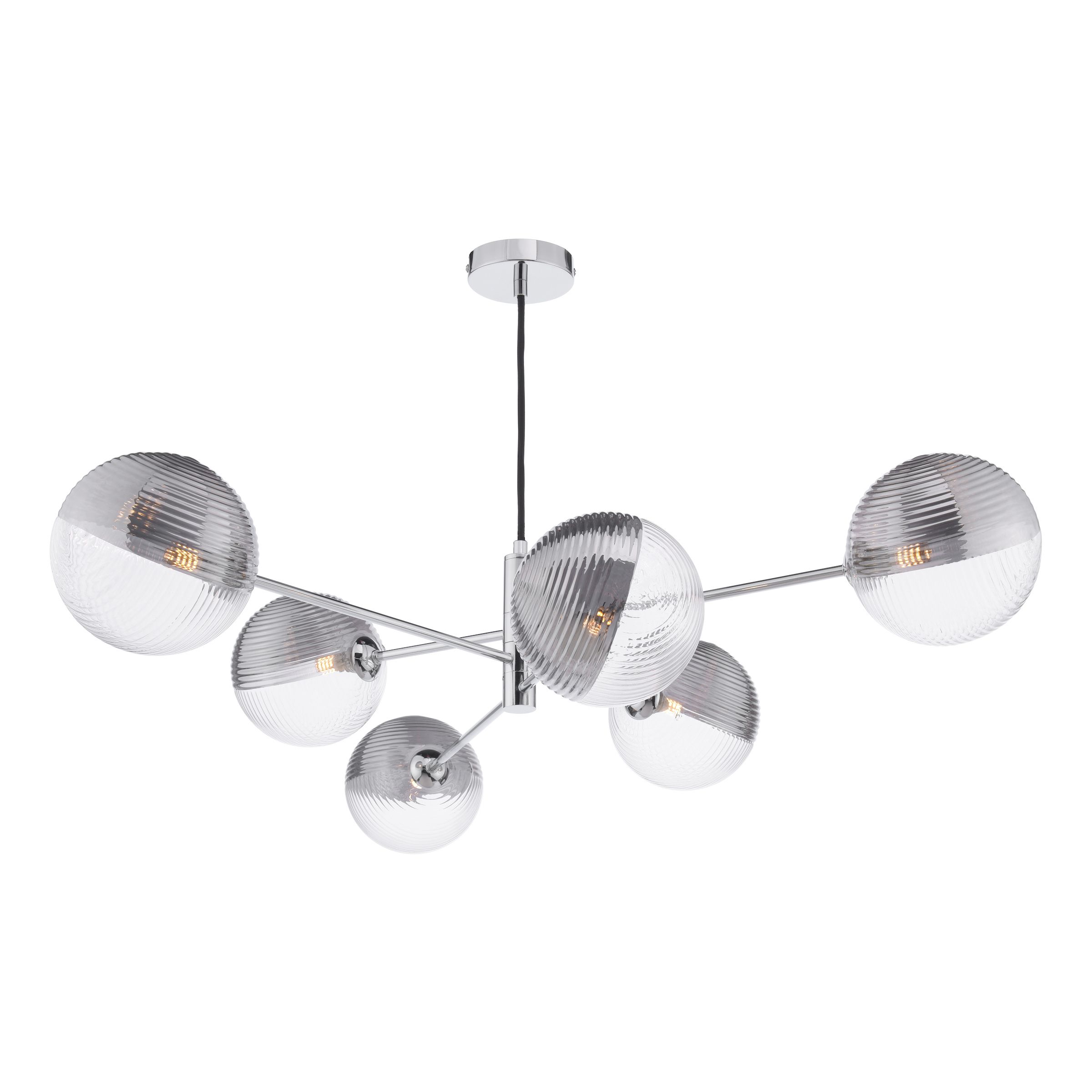 Caqui 6 Light G9 Polished Chrome Adjustable Pendant Ceiling C/W 15cm Smoked & Clear Ribbed Glass Shades