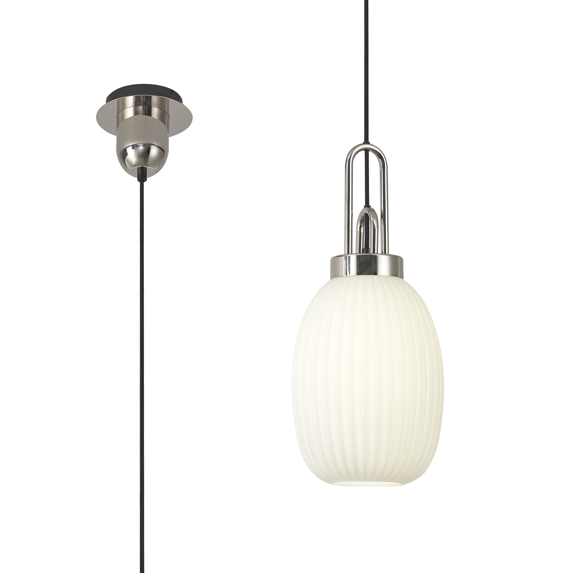 Vista 1 Light Pendant E27 With 20cm Almond Ribbed Glass, Opal Polished Nickel/Matt Black
