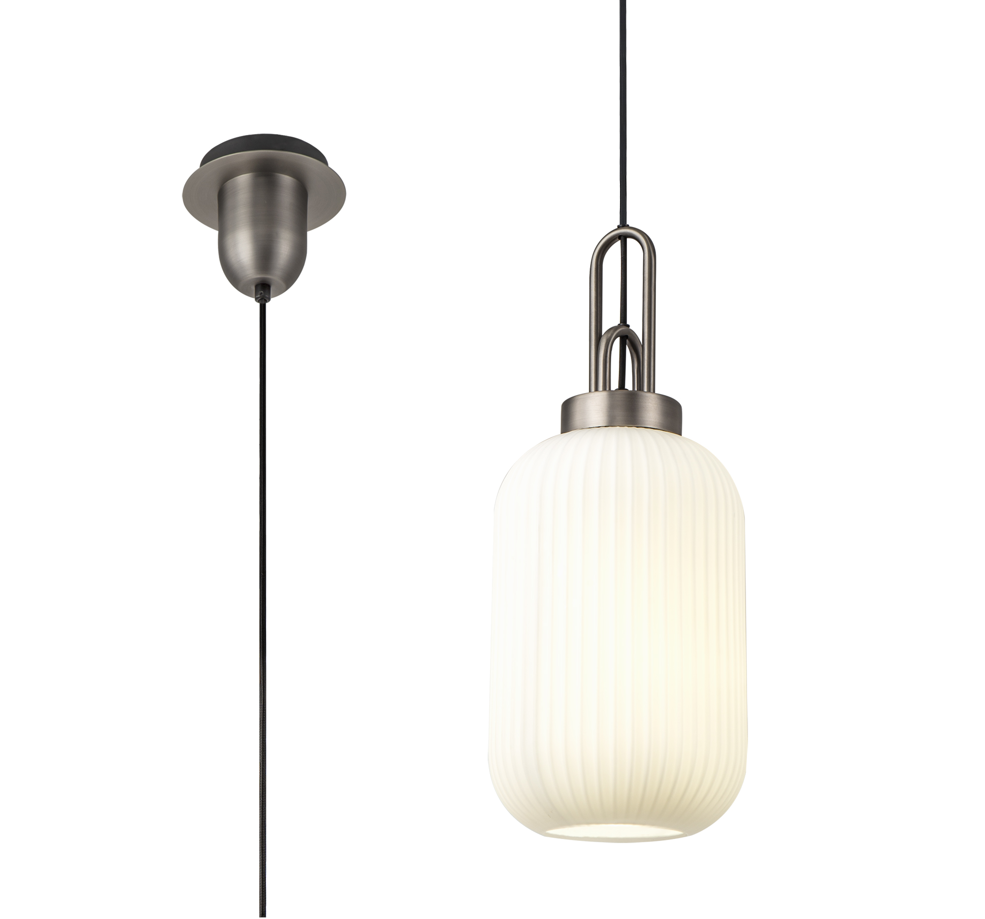Vista 1 Light Pendant E27 20cm Tubular Ribbed Glass, Opal Antique Silver/Black