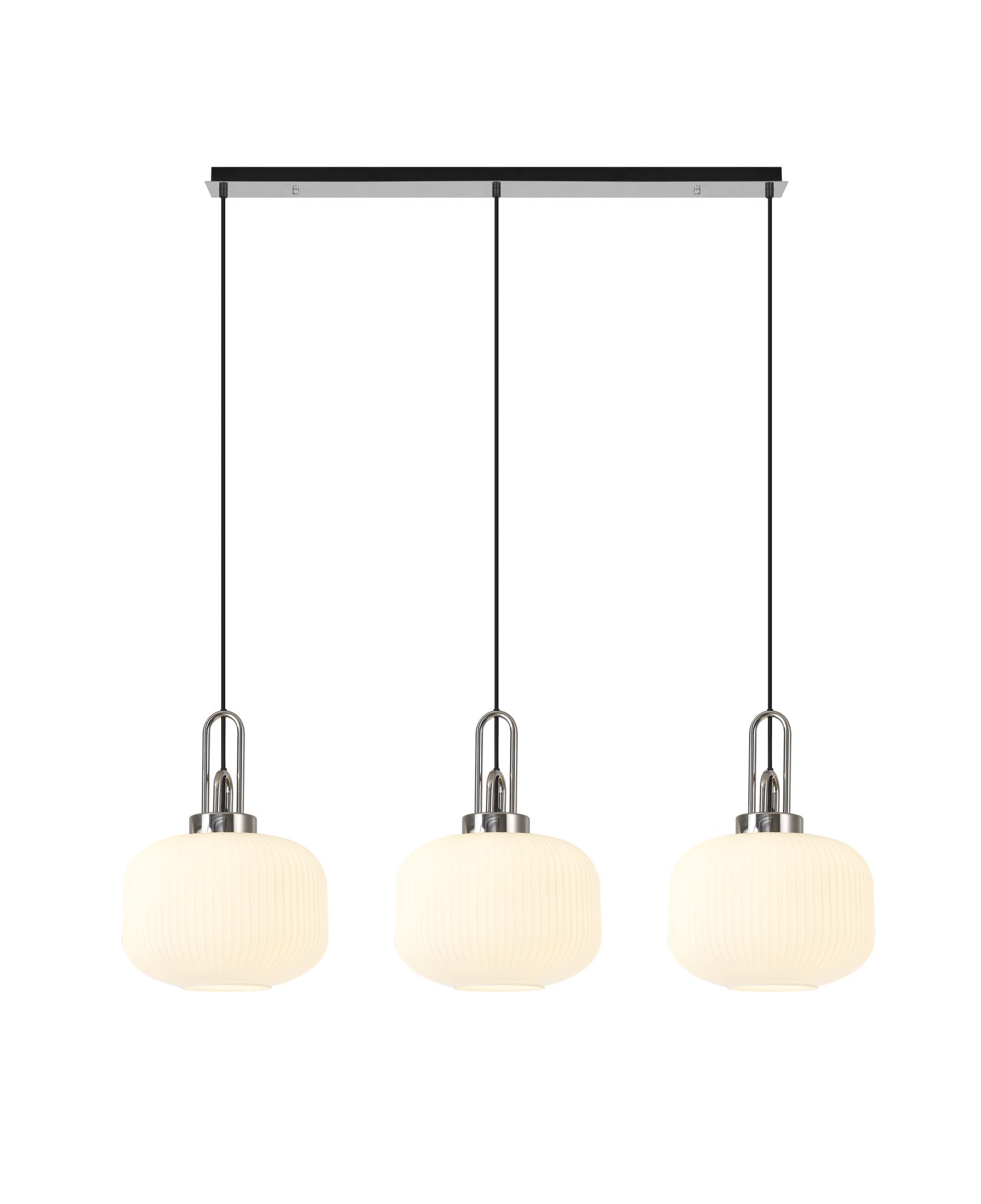 Vista Linear 3 Light Pendant E27, Polished Nickel/Matt Black With 30cm Pumpkin Shaped Ribbed Opal Glass