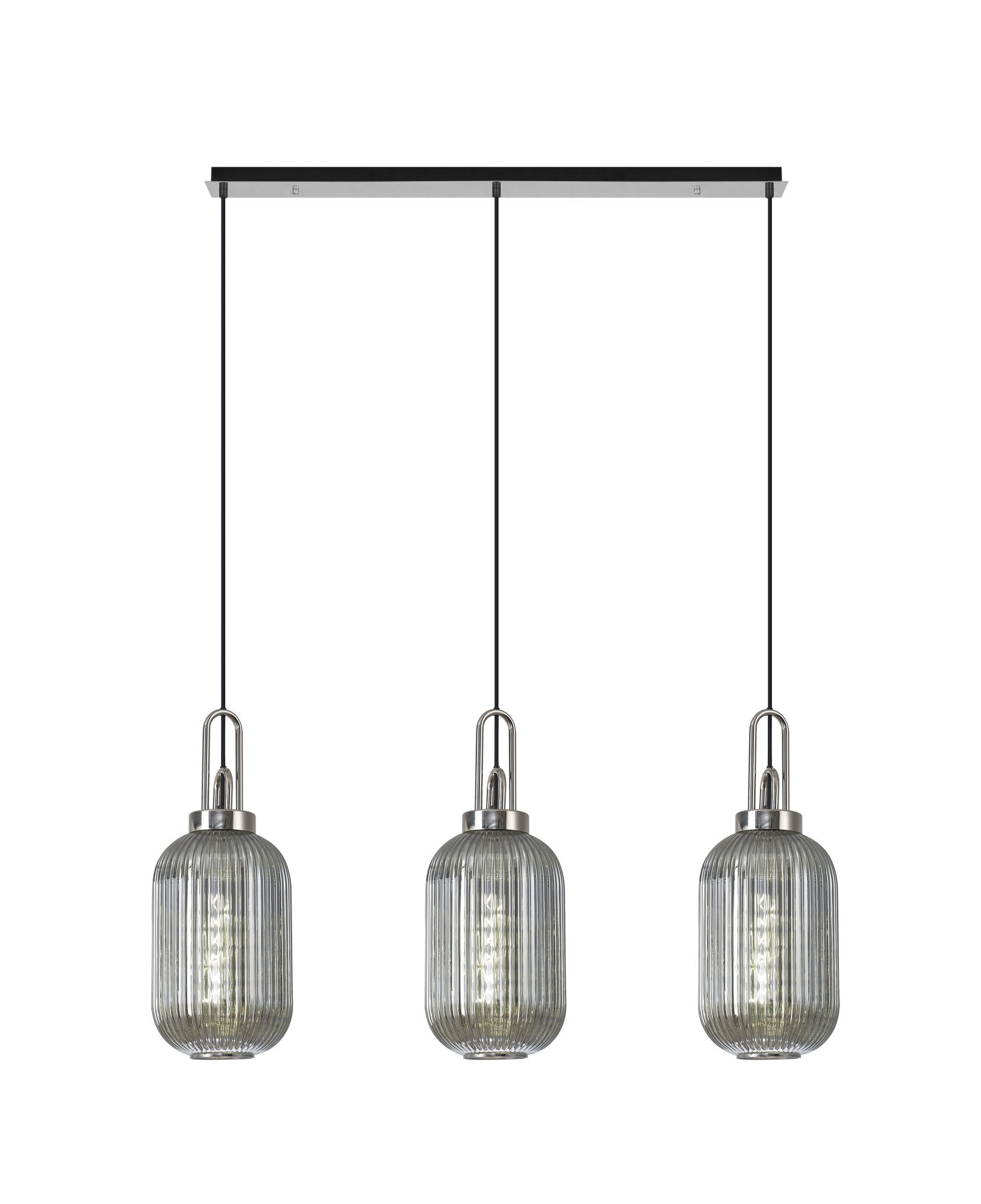 Vista Linear 3 Light Pendant E27 With 20cm Tubular Ribbed Glass, Smoked Polished Nickel/Matt Black