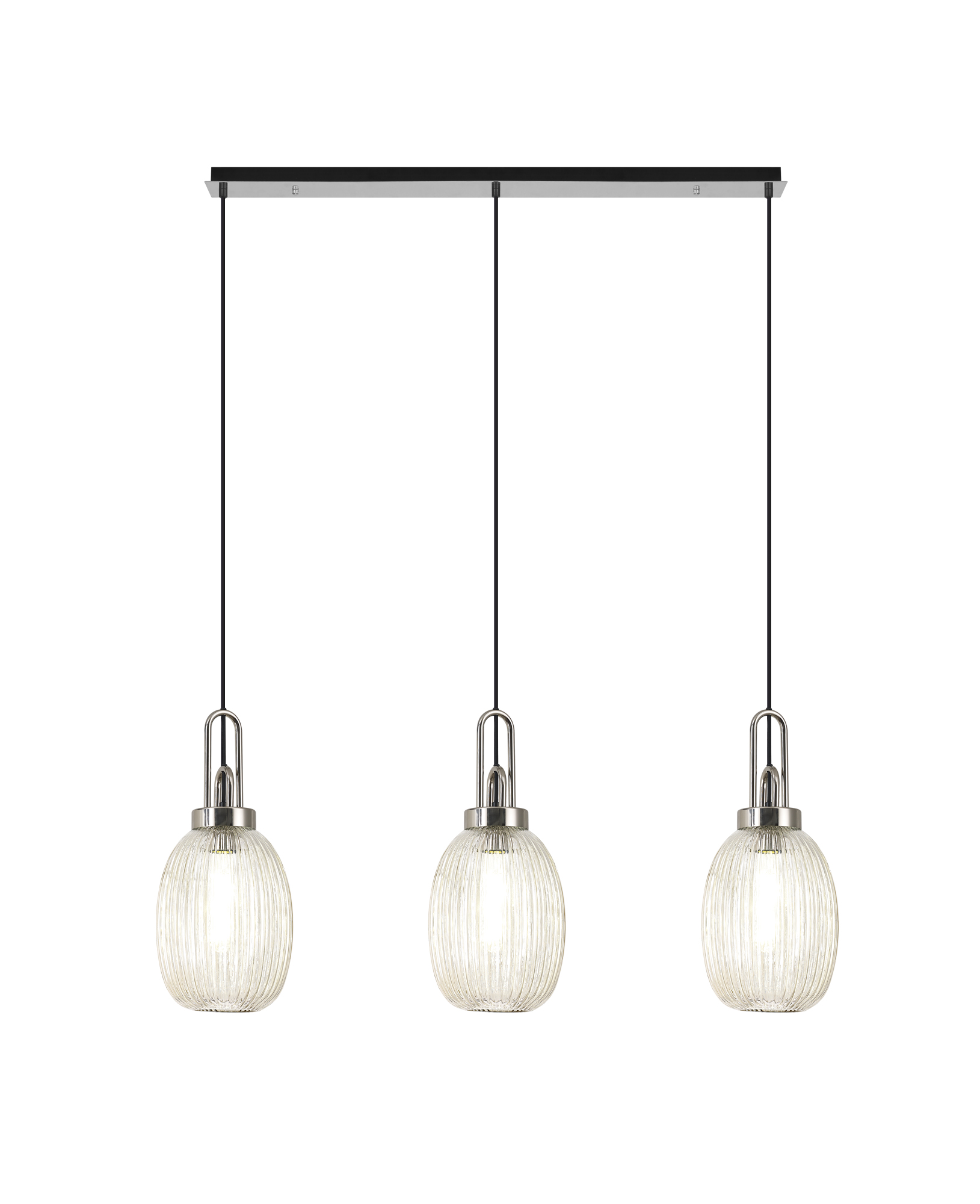 Vista Linear 3 Light Pendant E27 With 20cm Almond Ribbed Glass, Champagne Polished Nickel/Matt Black