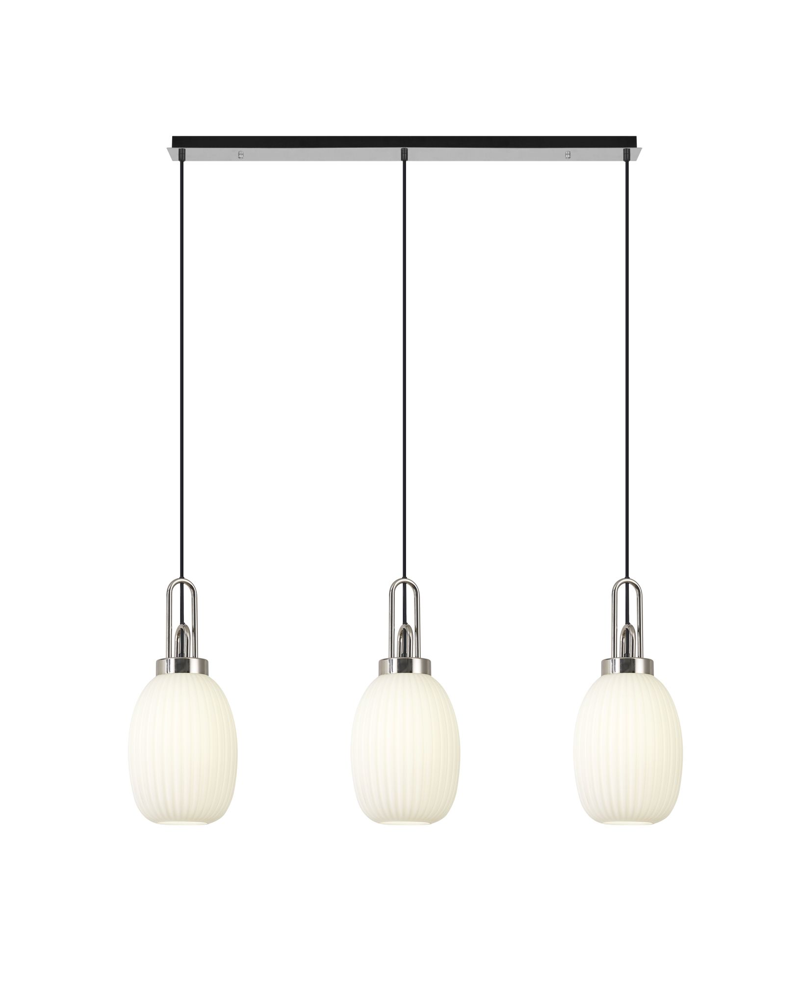 Vista Linear 3 Light Pendant E27 With 20cm Almond Ribbed Glass, Opal Polished Nickel/Matt Black