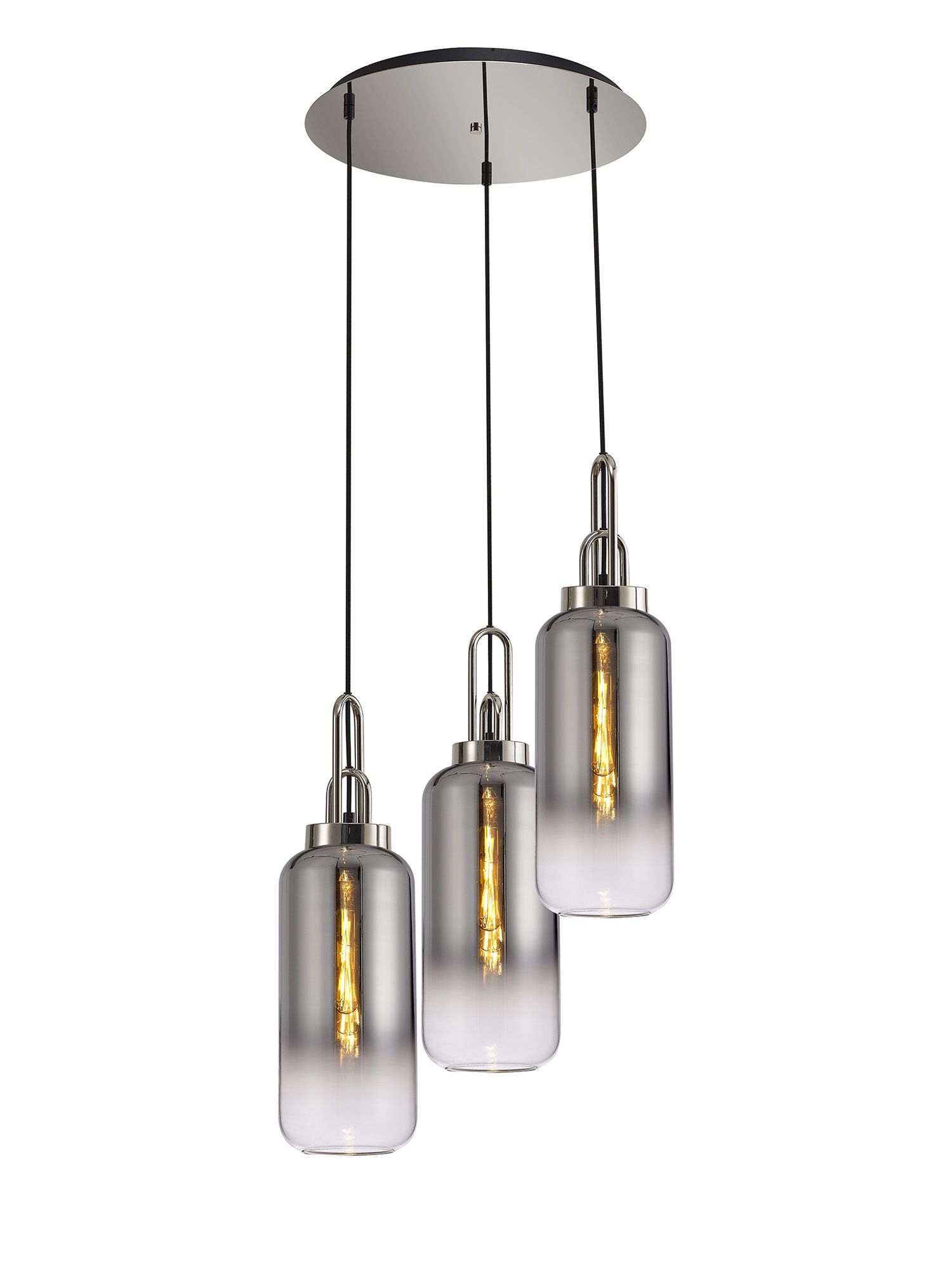 Vista 51cm Round 3 Light Pendant With 16cm Cylinder Glass, Polished Nickel/Matt Black Smoked/Clear
