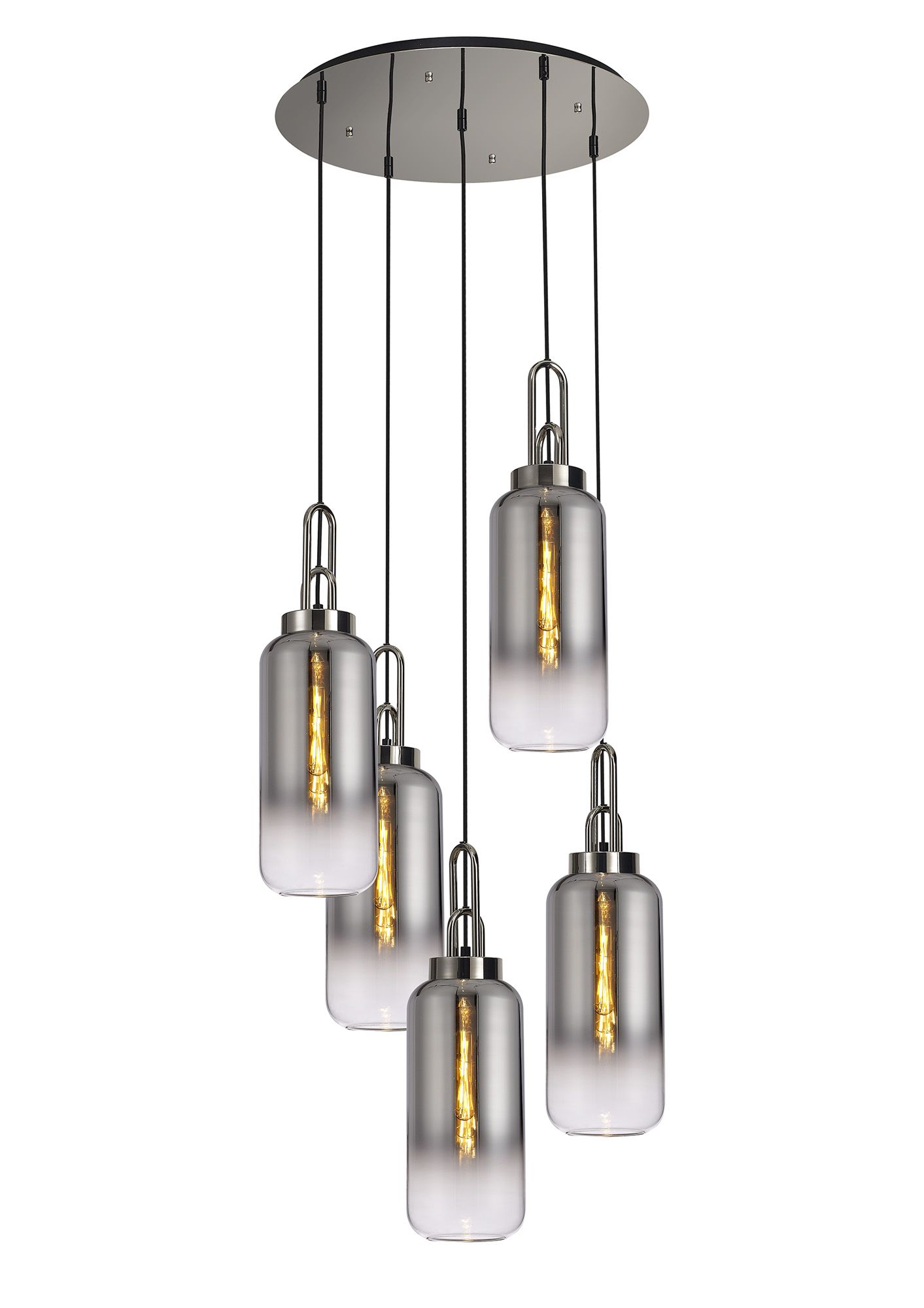 Vista 61cm Round 5 Light Pendant With 16cm Cylinder Glass, Polished Nickel/Matt Black Smoked/Clear