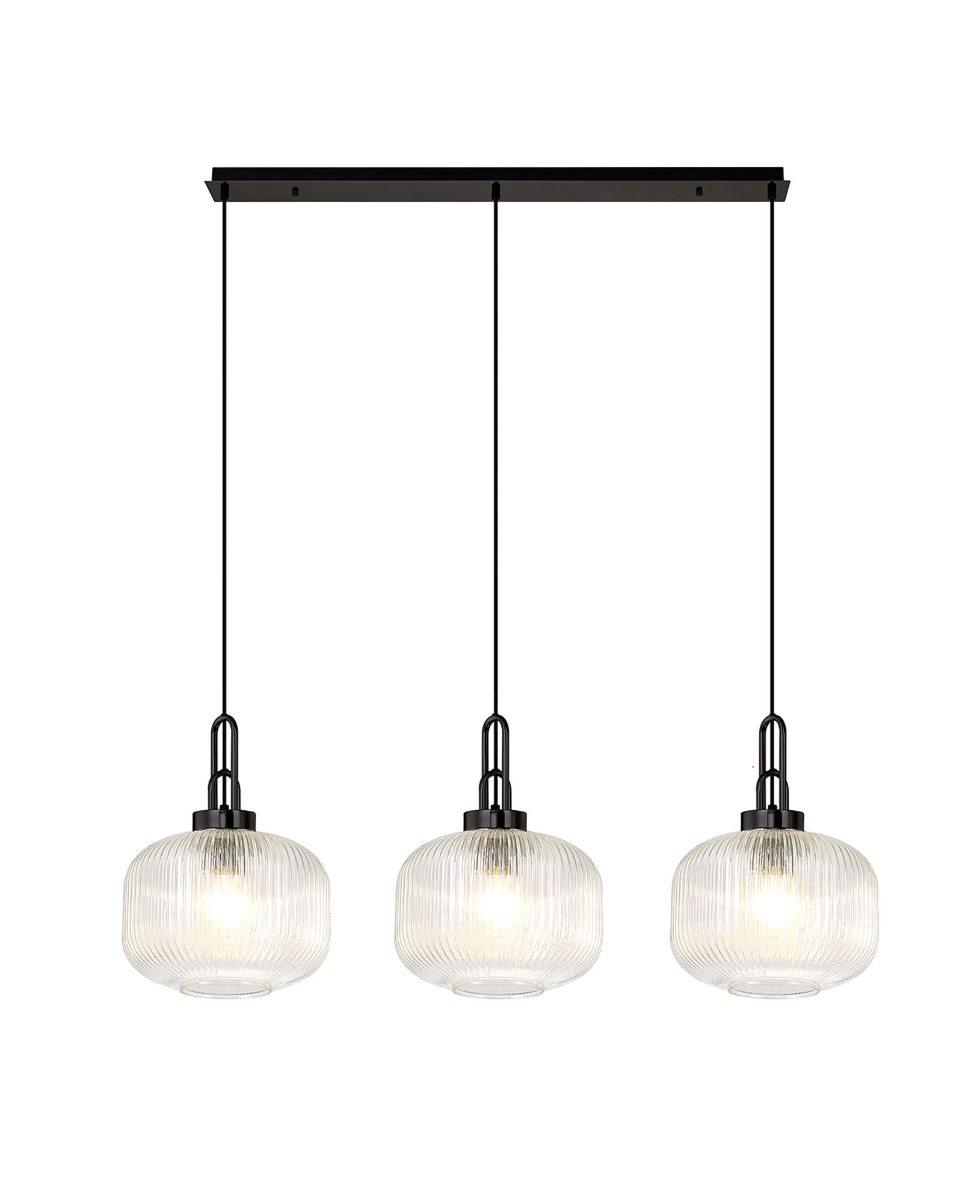Vista Linear 3 Light Pendant E27, Black Chrome/Matt Black With 30cm Pumpkin Shaped Ribbed Clear Glass