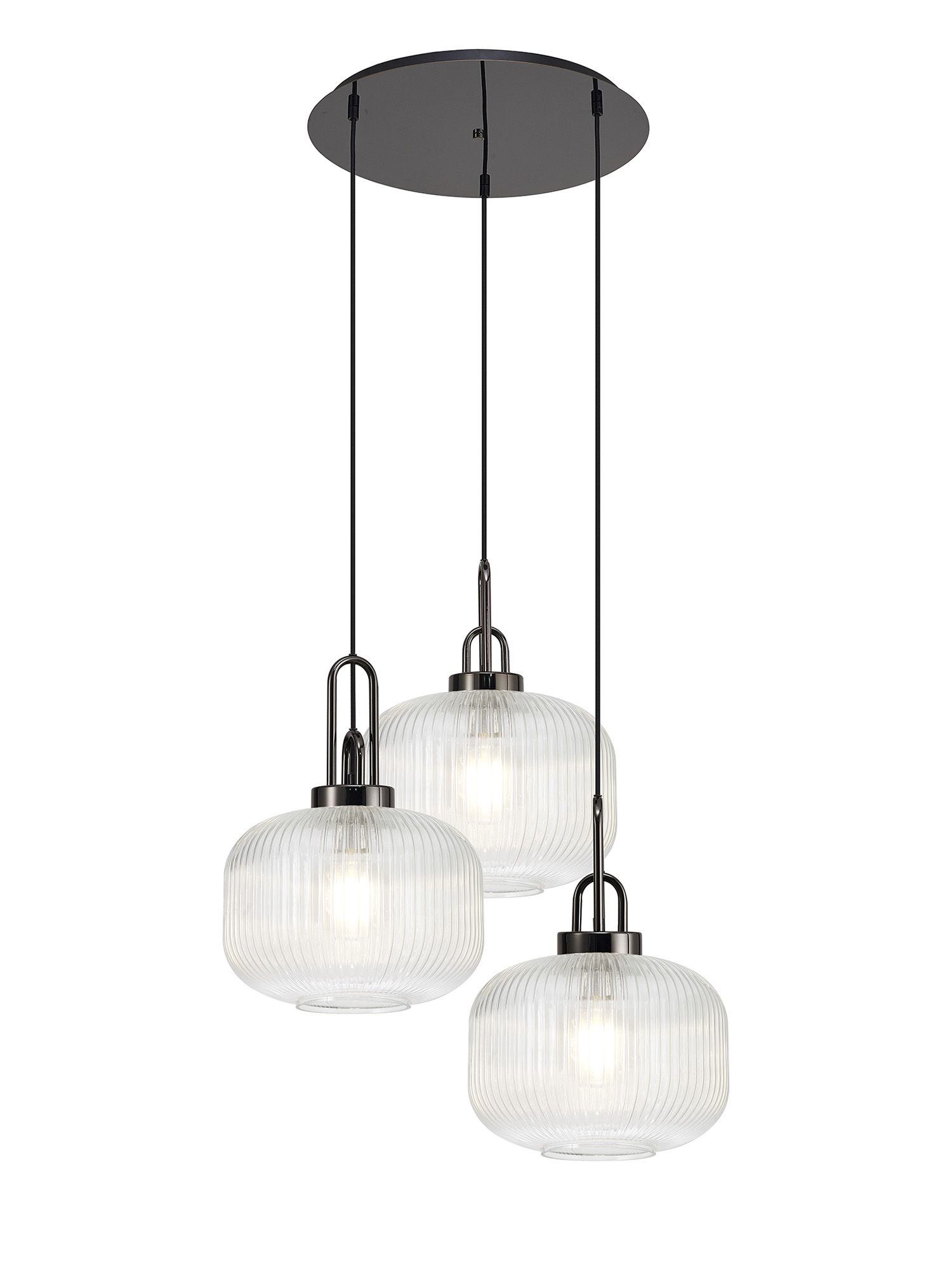 Vista 65cm 2m Round Pendant, 3 x E27, Black Chrome/Matt Black With 30cm Pumpkin Shaped Ribbed Clear Glass