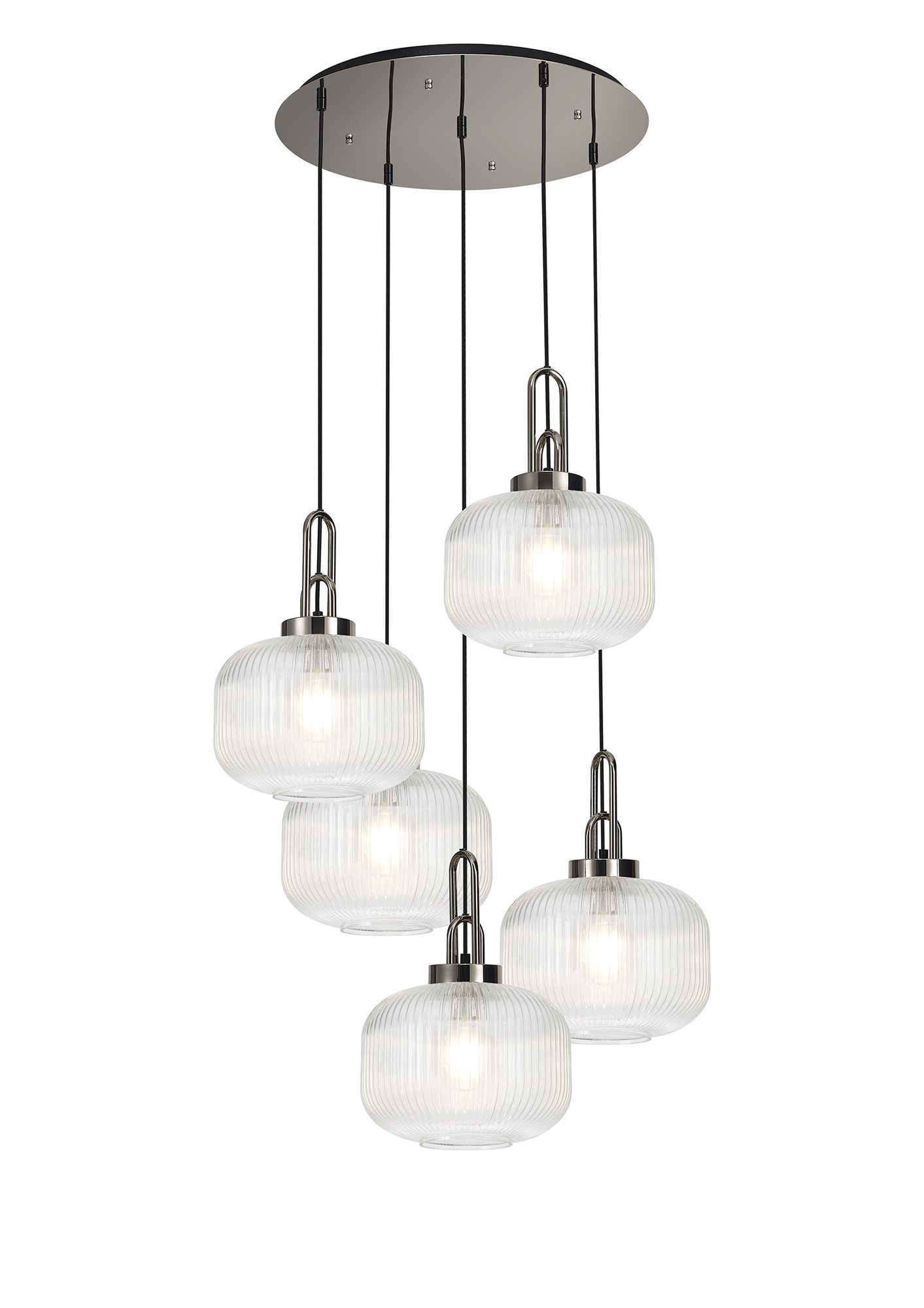 Vista 75cm 2.5m Round Pendant, 5 x E27, Polished Nickel/Matt Black With 30cm Pumpkin Shaped Ribbed Clear Glass