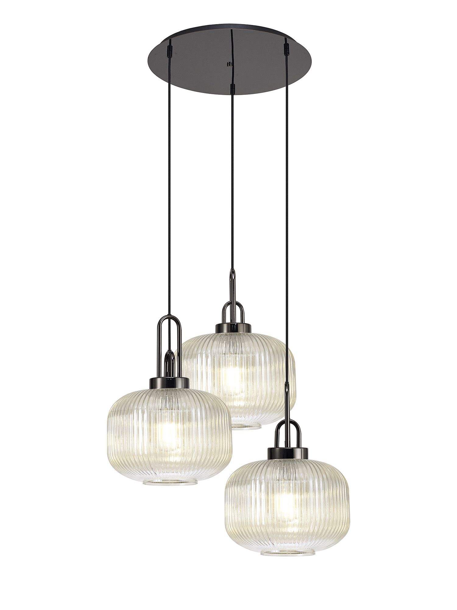 Vista 65cm 2m Round Pendant, 3 x E27, Black Chrome/Matt Black With 30cm Pumpkin Shaped Ribbed Champagne Glass