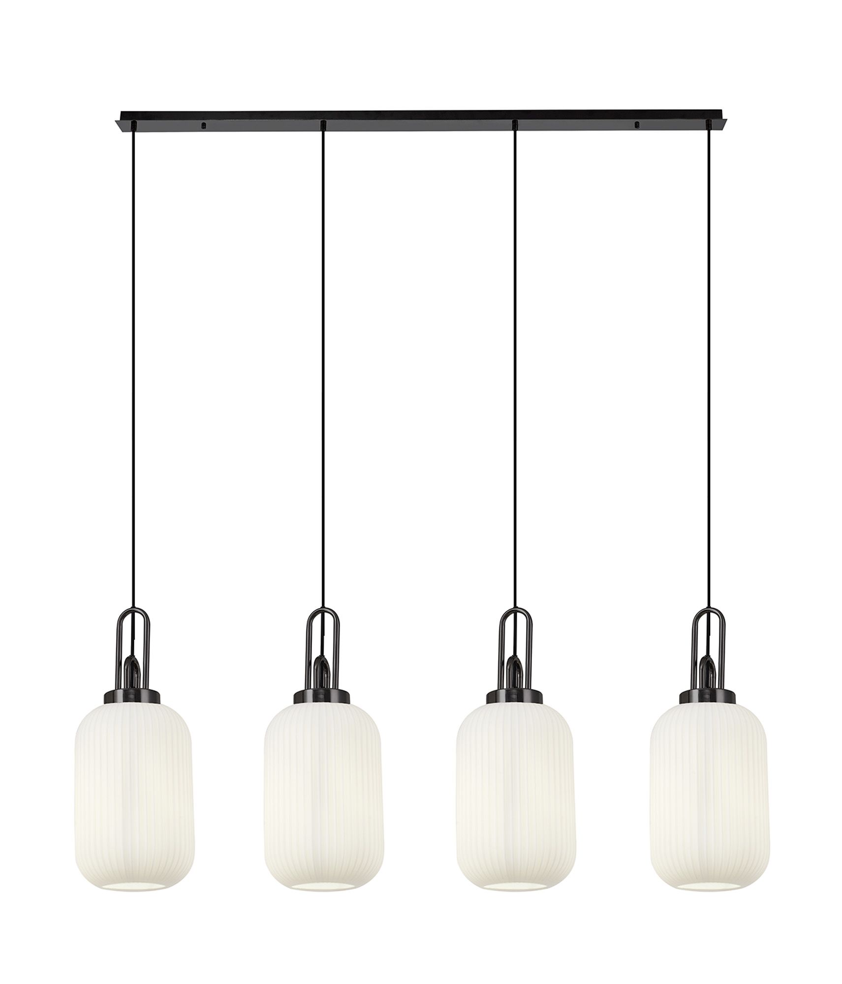 Vista Linear 4 Light Pendant With 20cm Tubular Ribbed Glass, Black Chrome/Matt Black Opal
