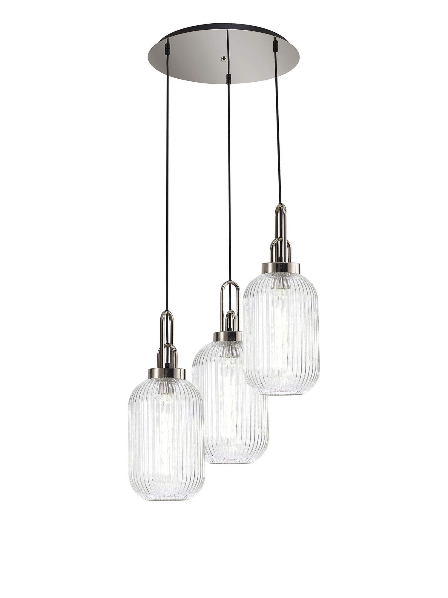 Vista 55cm Round 3 Light Pendant With 20cm Tubular Ribbed Glass, Polished Nickel/Matt Black Clear