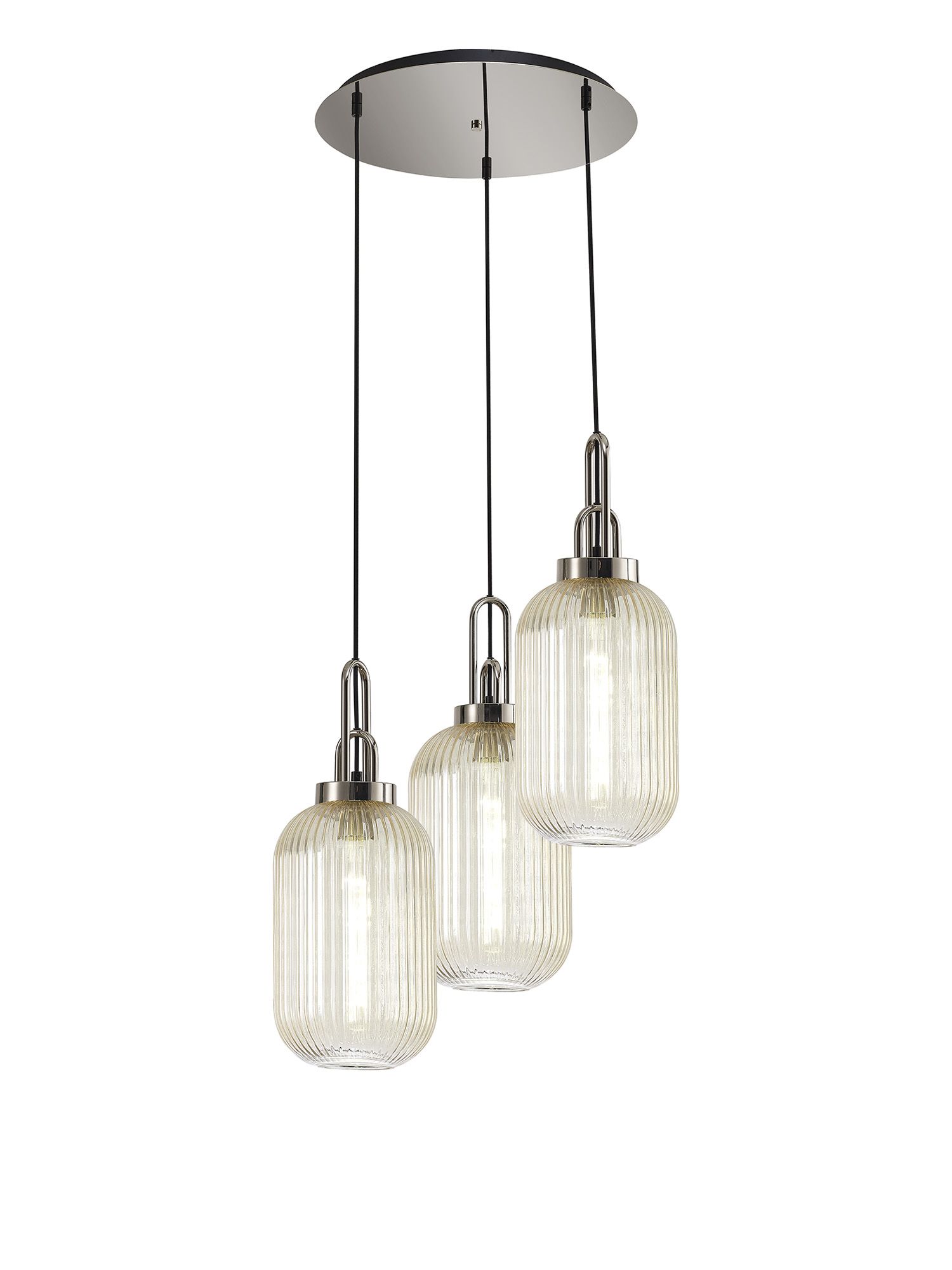 Vista 55cm Round 3 Light Pendant With 20cm Tubular Ribbed Glass, Polished Nickel/Matt Black Champagne