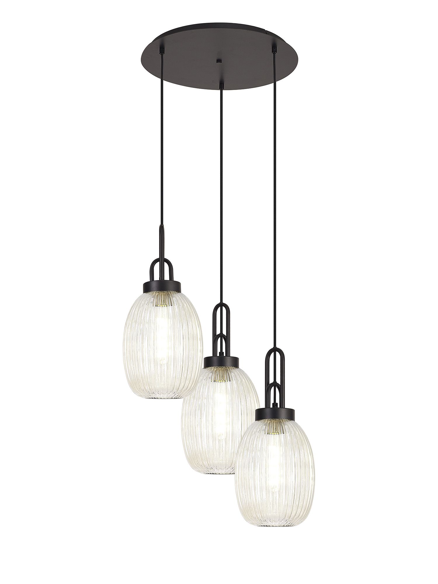 Vista 55cm Round 3 Light Pendant With 20cm Almond Ribbed Glass, Matt Black/Matt Black Champagne