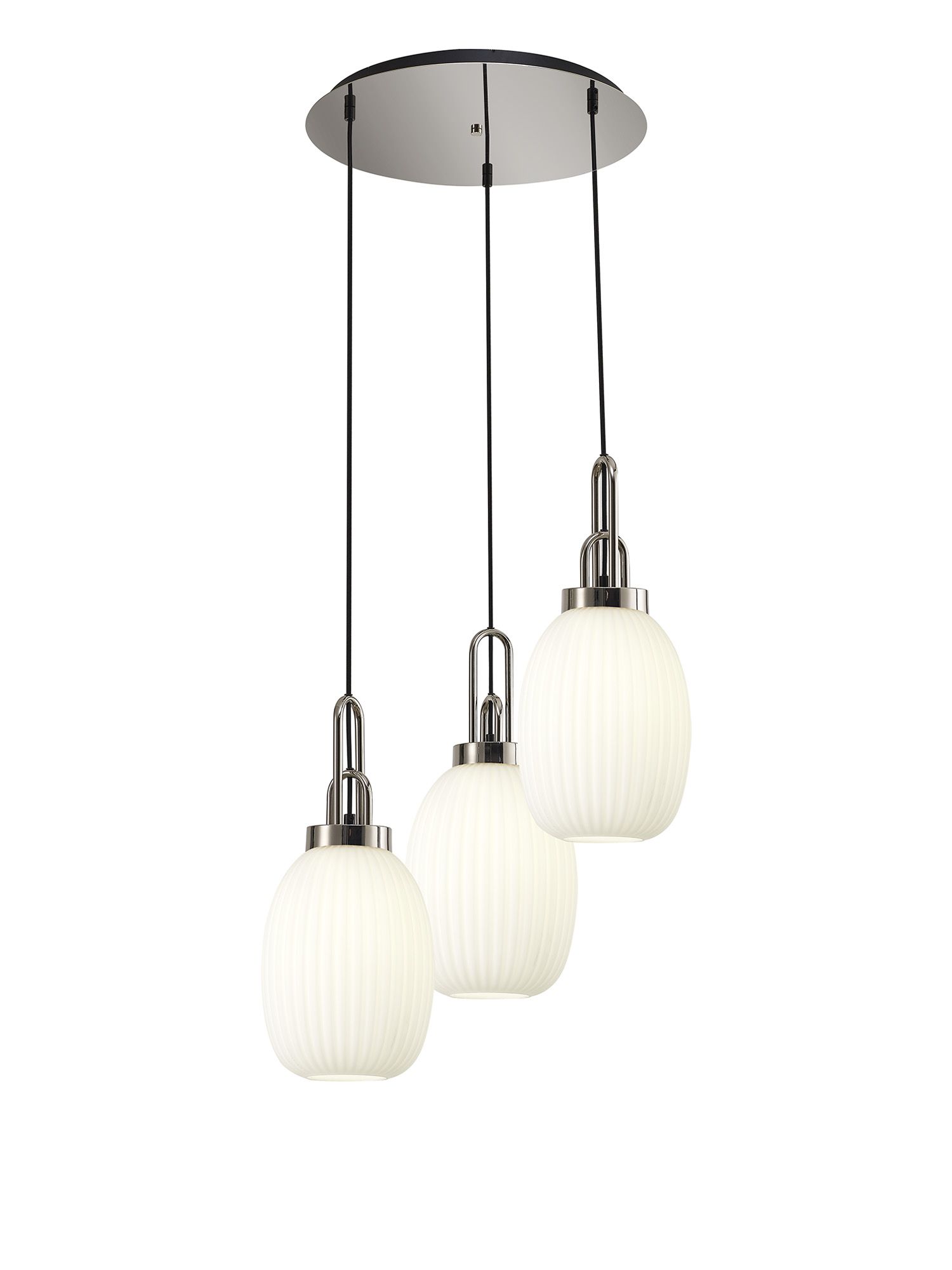 Vista 55cm Round 3 Light Pendant With 20cm Almond Ribbed Glass, Polished Nickel/Matt Black Opal