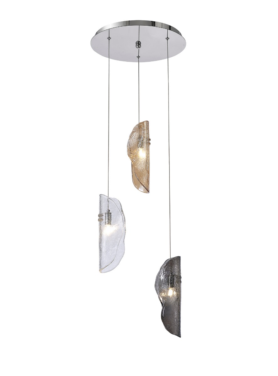 Wardley 35cm Pendant 2m, 3 x G9, Polished Chrome / Clear & Amber & Smoked Glass