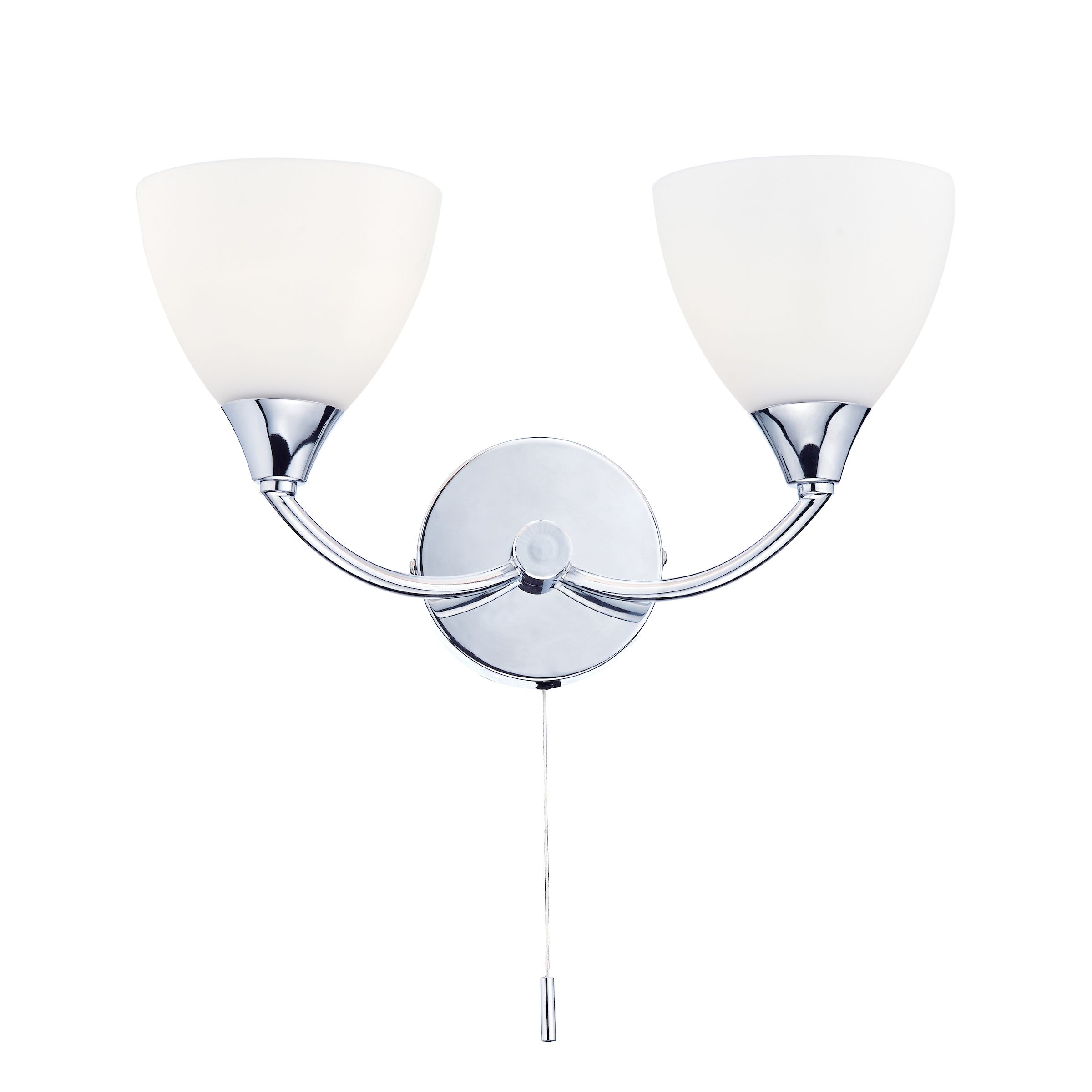 Toronja 2 Light E14 Polished Chrome Wall Light With Pull Switch C/W Opal Pulque Glass Shades