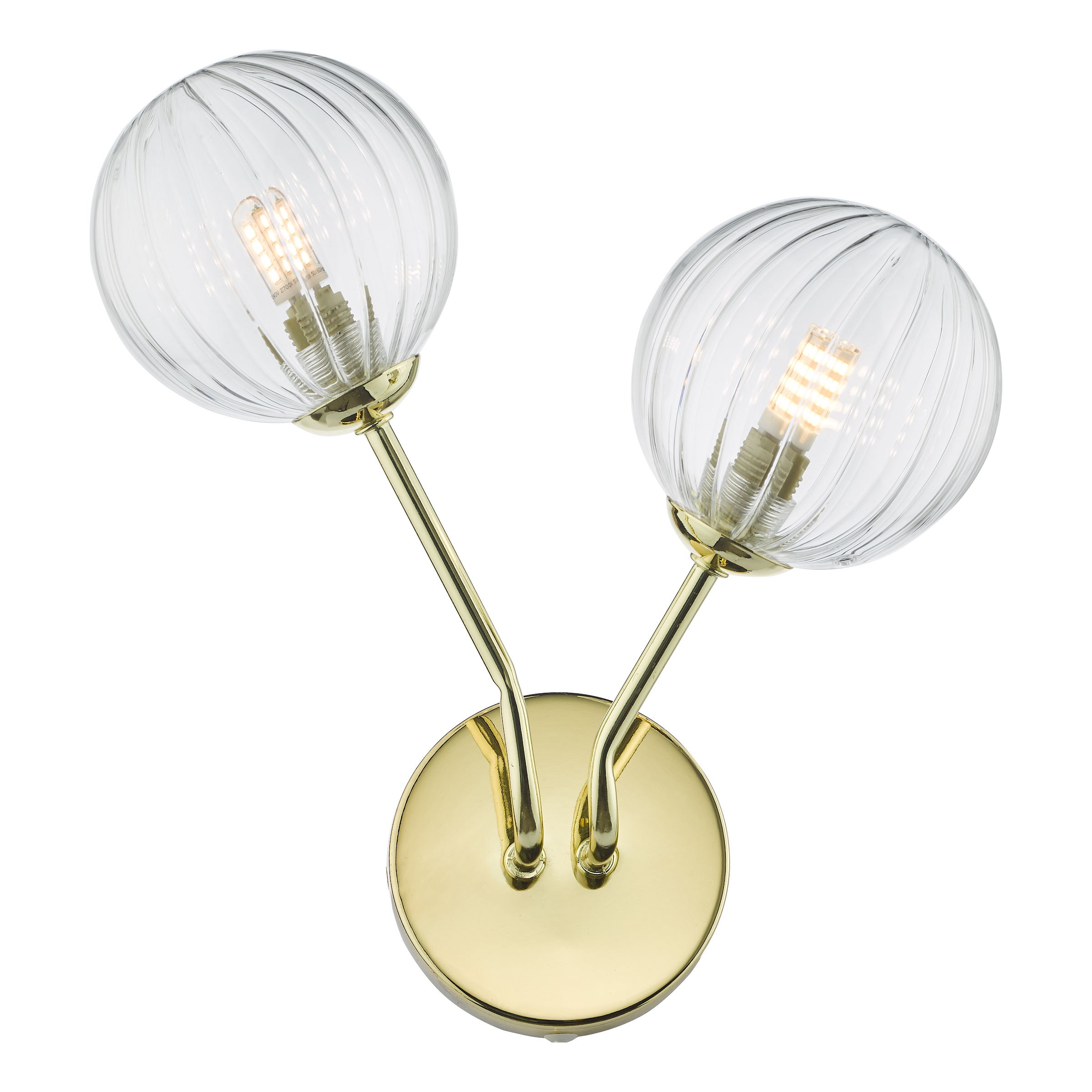 Mangostán 2 Light G9 Polished Gold Wall Light With Ribbed Glass Shades